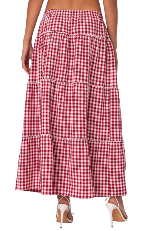 Shop Edikted Gingham Tiered Maxi Skirt In Red