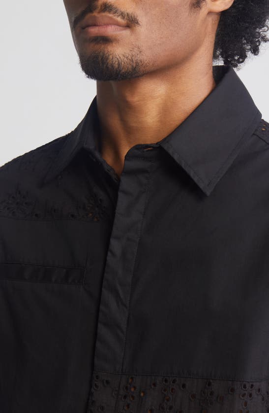 Shop Jungles Eyelet Short Sleeve Cotton Button-up Shirt In Black