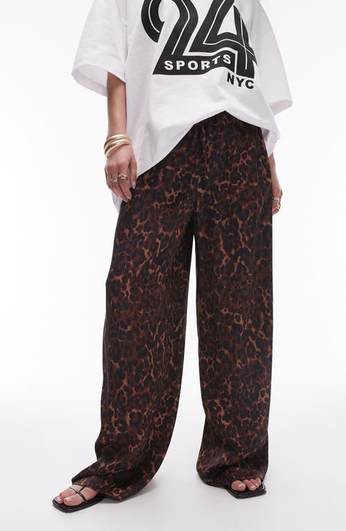 Shop Topshop Animal Print Wide Leg Drawstring Pants In Brown