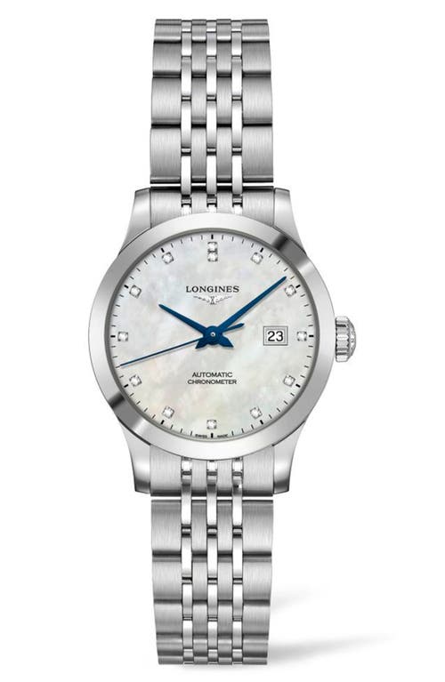 Shop Longines Record Diamond Bracelet Watch, 30mm In Silver/mop/silver