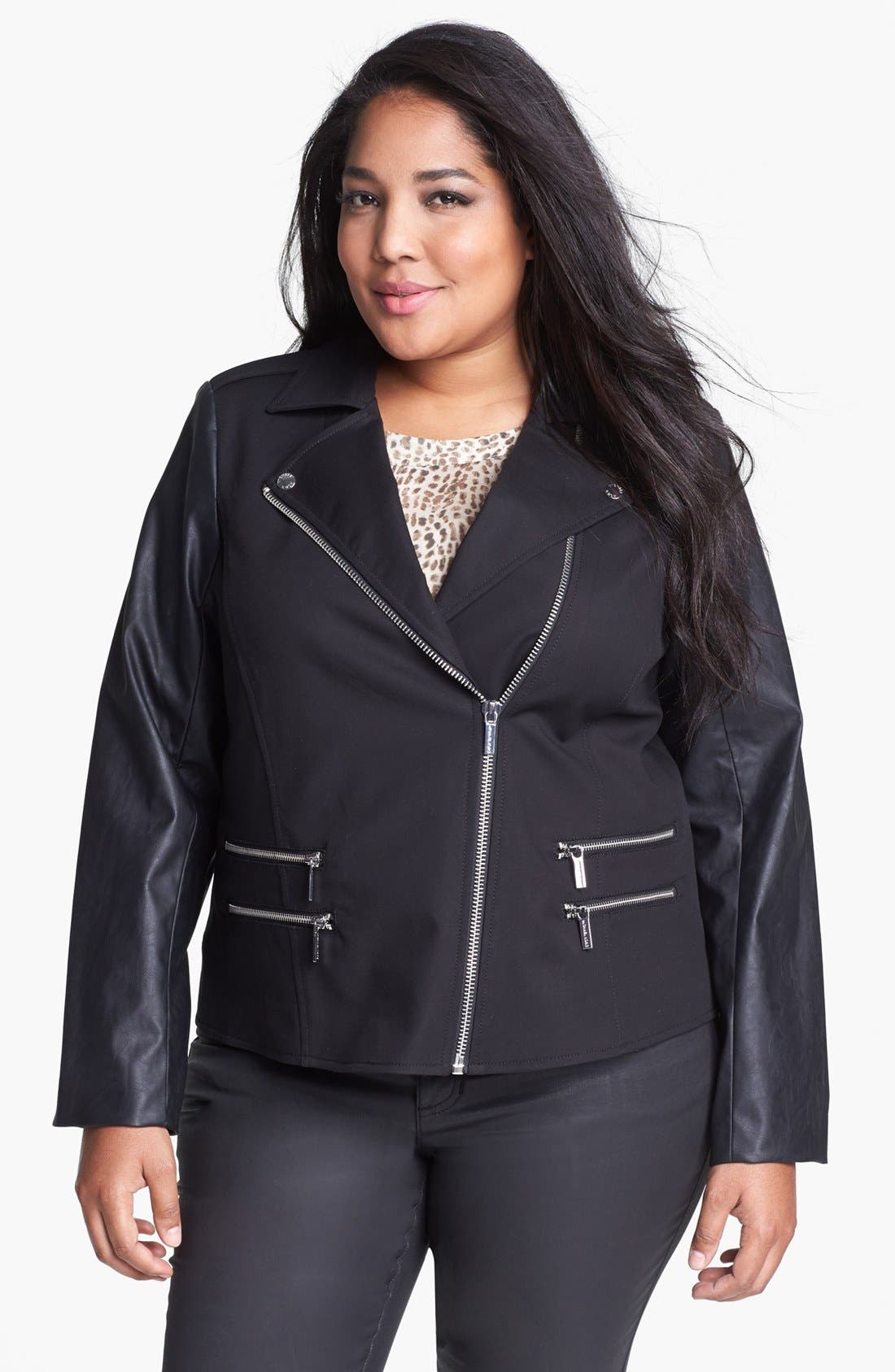 MICHAEL Michael Kors Knit & Faux Leather Moto Jacket (Plus Size