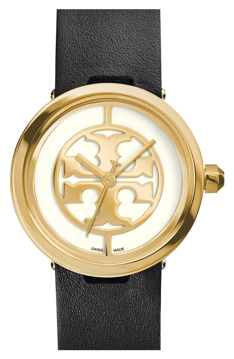 TORY BURCH 'Reva' Logo Dial Leather Strap Watch, 28mm, Main, color, BLACK/ GOLD