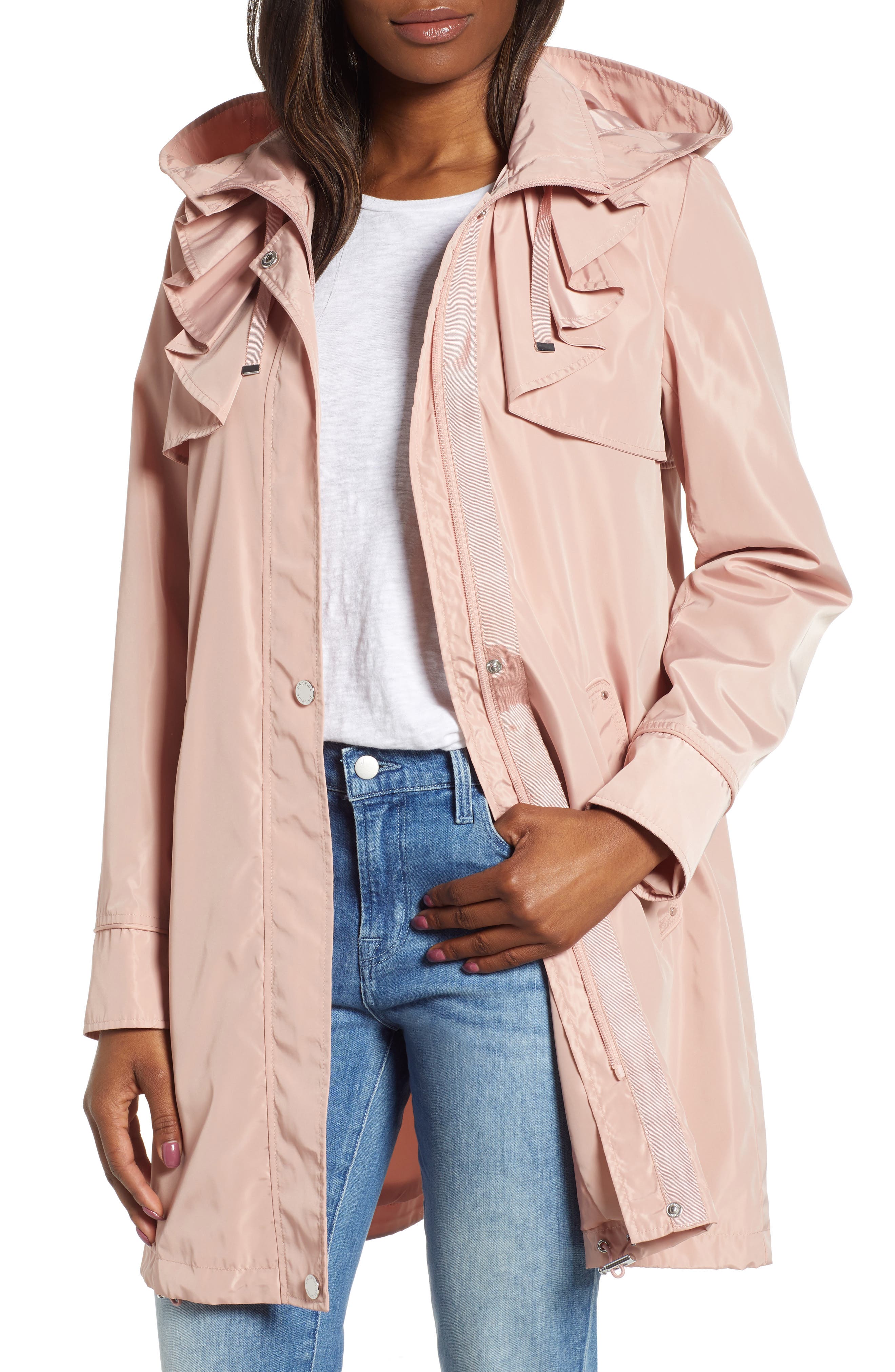 Via Spiga Ruffle Detail Packable Raincoat, Pink