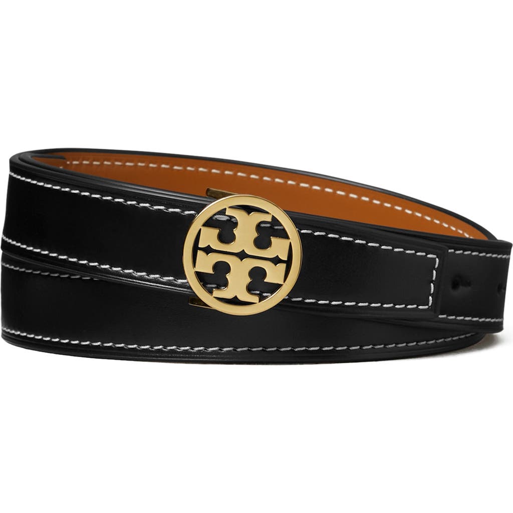 Tory Burch Miller Reversible Leather Belt In Black/whiskey/gold