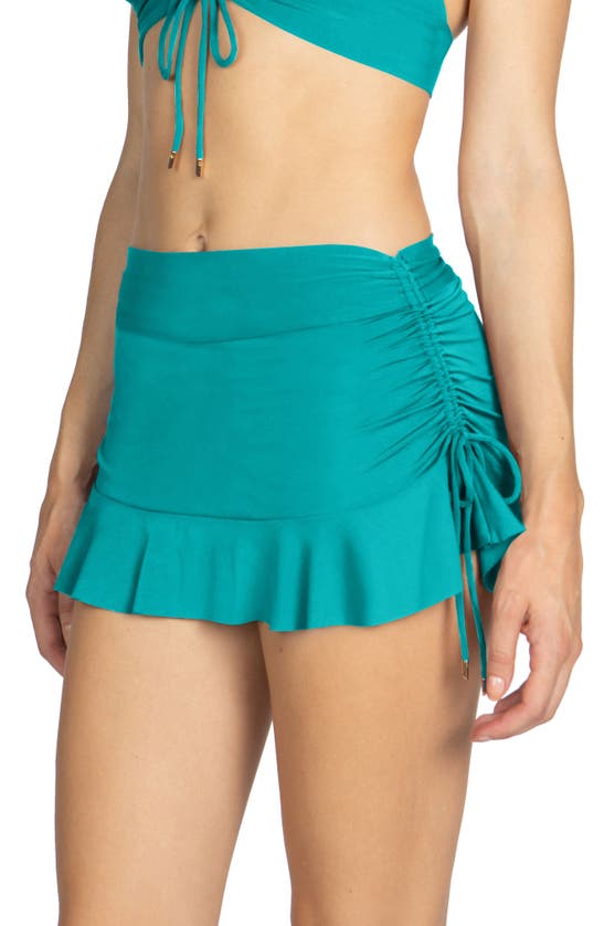 Shop Robin Piccone Aubrey Ruched Cover-up Miniskirt In Cyan Blue