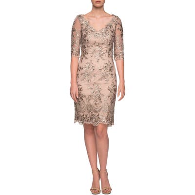 La Femme Embroidered Lace Sheath Dress, Yellow