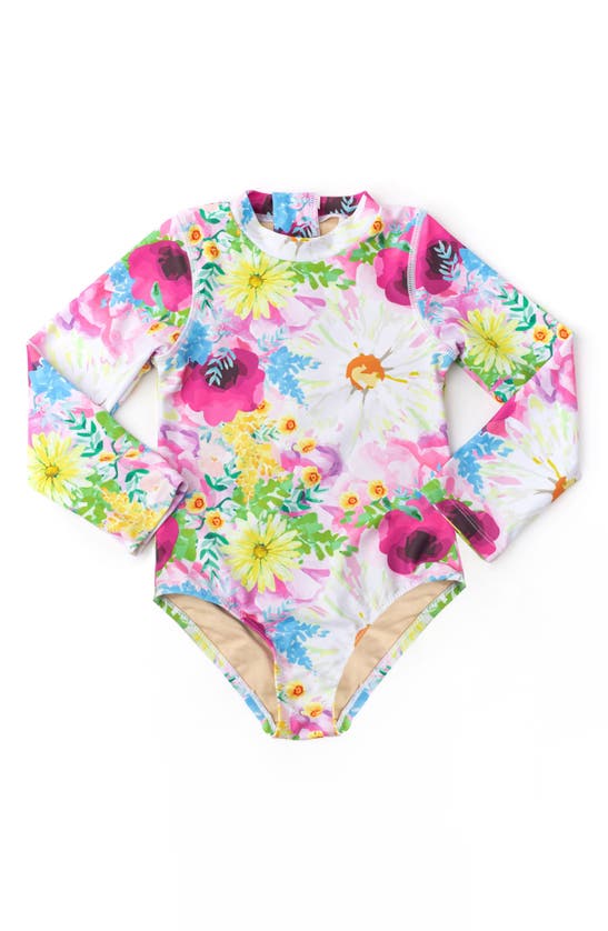 Shade Critters Kids' Watercolor Floral Long Sleeve One-piece Rashguard Swimsuit In Pink Multi Floral