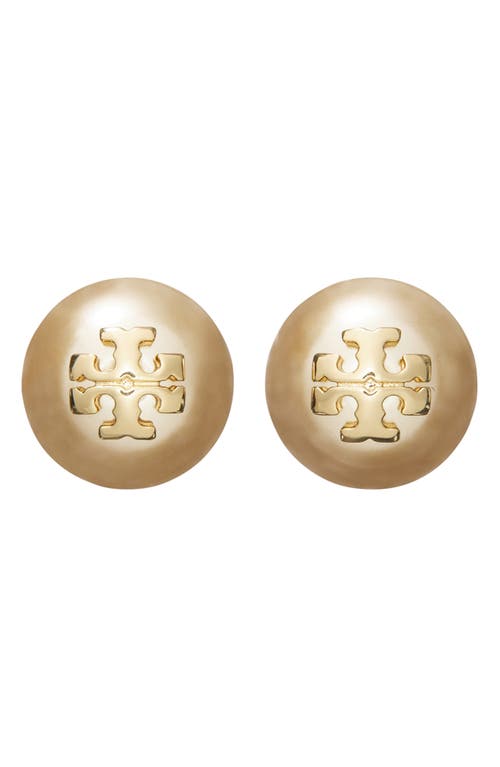 Shop Tory Burch Kira Logo Swarovski Crystal Imitation Pearl Stud Earrings In Tory Gold/brown