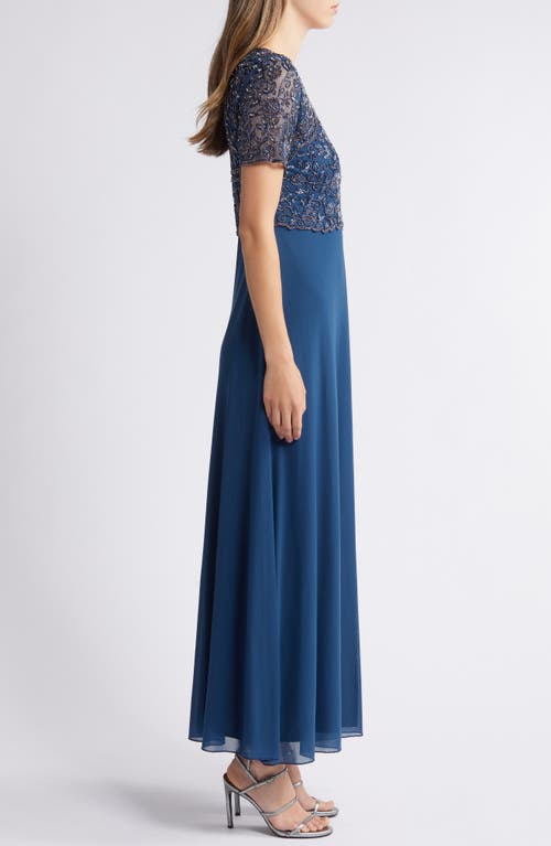 Shop Pisarro Nights Beaded Bodice A-line Gown In New Petrol Blue