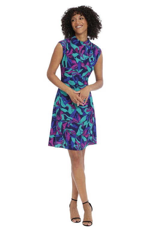 Maggy London Printed Funnel Neck Fit & Flare Dress In Deep Navy/vivid Violet