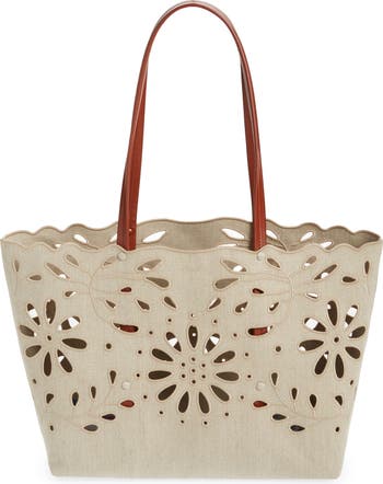 Kamilla East/West Embroidered Linen Tote