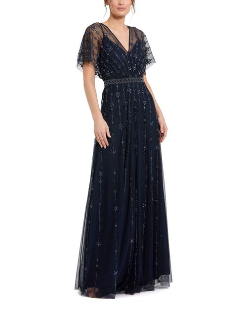 Mac Duggal V Neck Embellished Flutter Sleeve A Line Gown in Midnight 