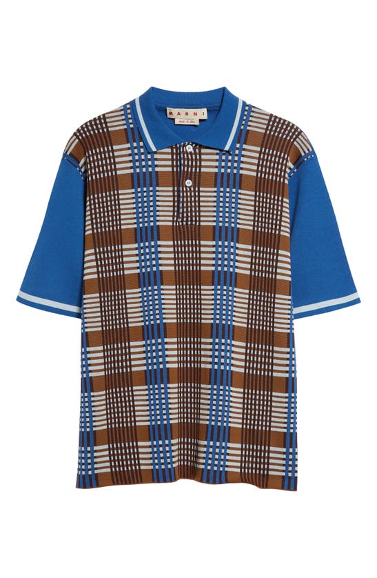 Shop Marni Contrast Sleeve Plaid Cotton Polo Sweater In Cigar
