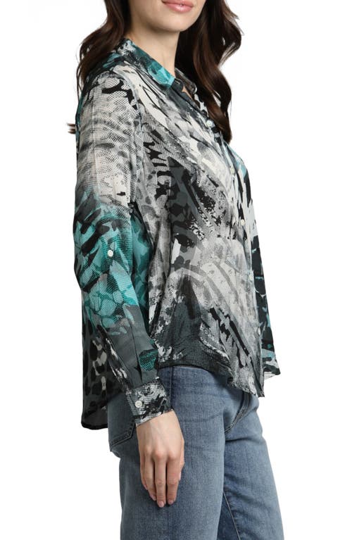 Shop Apny Abstract Print Roll Tab Sleeve Chiffon Button-up Shirt In Grey Multi