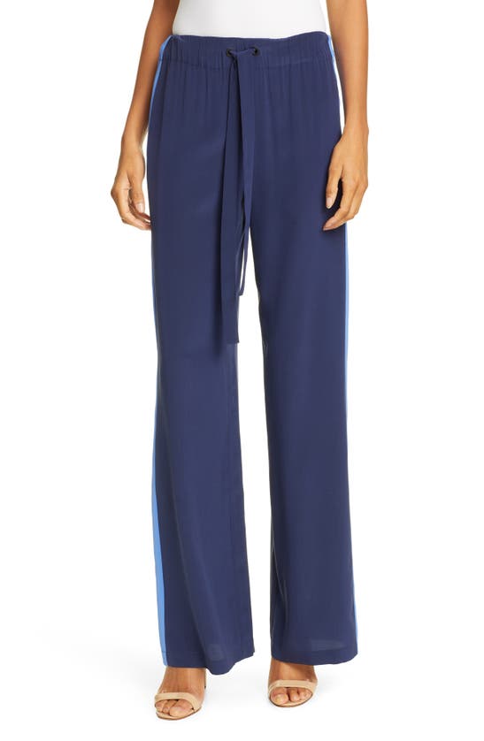 Dvf Ellington Side Stripe Drawstring Silk Pants In New Navy/ Baja Blue