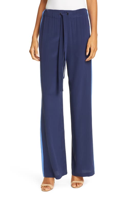 Shop Dvf Ellington Side Stripe Drawstring Silk Pants In New Navy/baja Blue