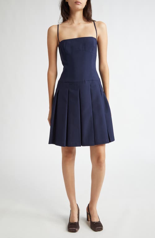 Sandy Liang Roo Pleated Drop Waist Dress in Navy 