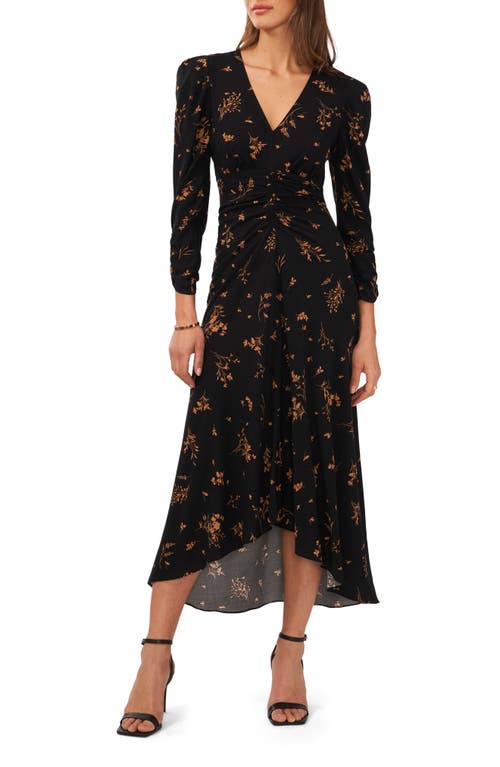 halogen(r) Floral Print Long Sleeve High-Low Dress in Black/Desert Camel