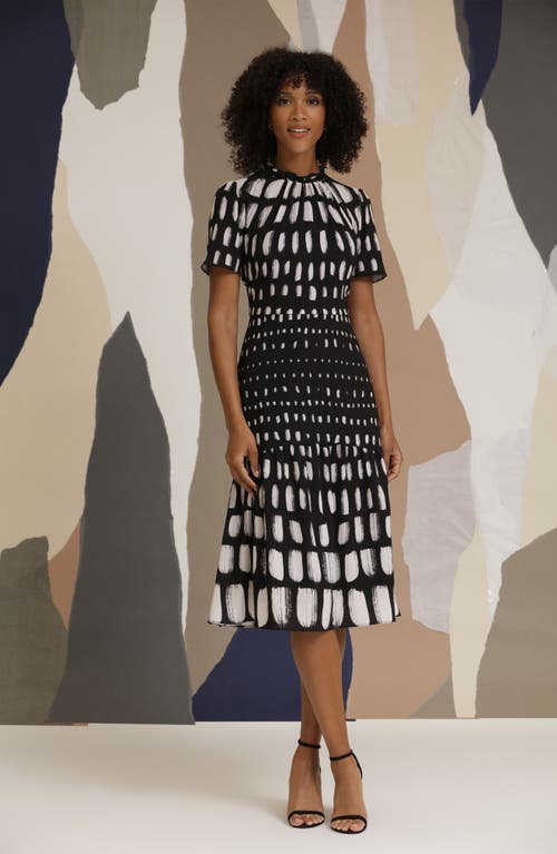 Shop Maggy London Abstract Print Tiered Midi Dress In Black/ivory/gray