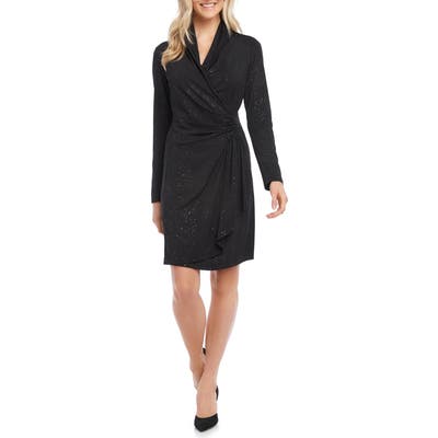 Karen Kane Sparkle Knit Long Sleeve Faux Wrap Dress, Black