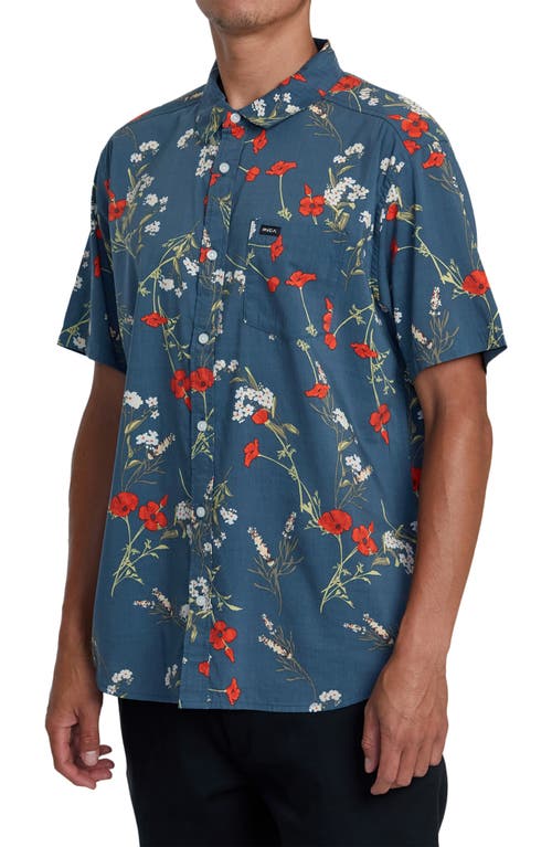 Shop Rvca Botanical Print Short Sleeve Button-up Shirt In Duck Blue