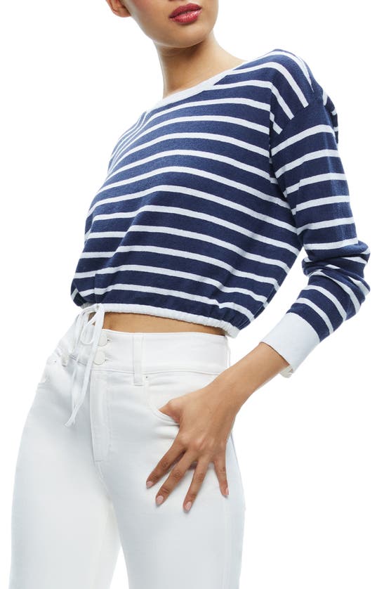 Shop Alice And Olivia Bernetta Stripe Linen Blend Crop Sweater In Indigo/ Soft White