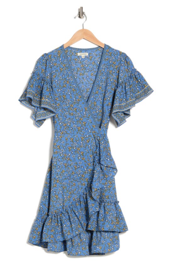Maxstudio Max Studio Floral Print Wrap Ruffle Dress In Blue/ Gold Lily Fields