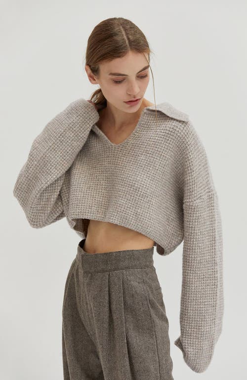 Shop Crescent Waffle Polo Crop Sweater In Heather Grey