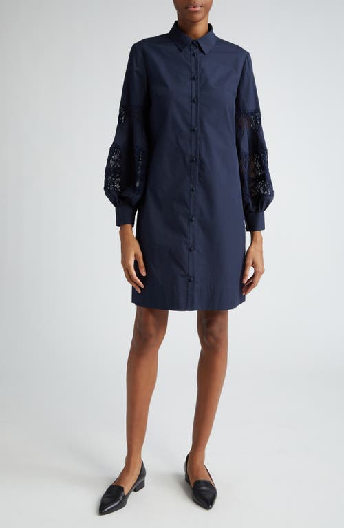 Lace Inset Long Sleeve Stretch Cotton Shirtdress in Navy