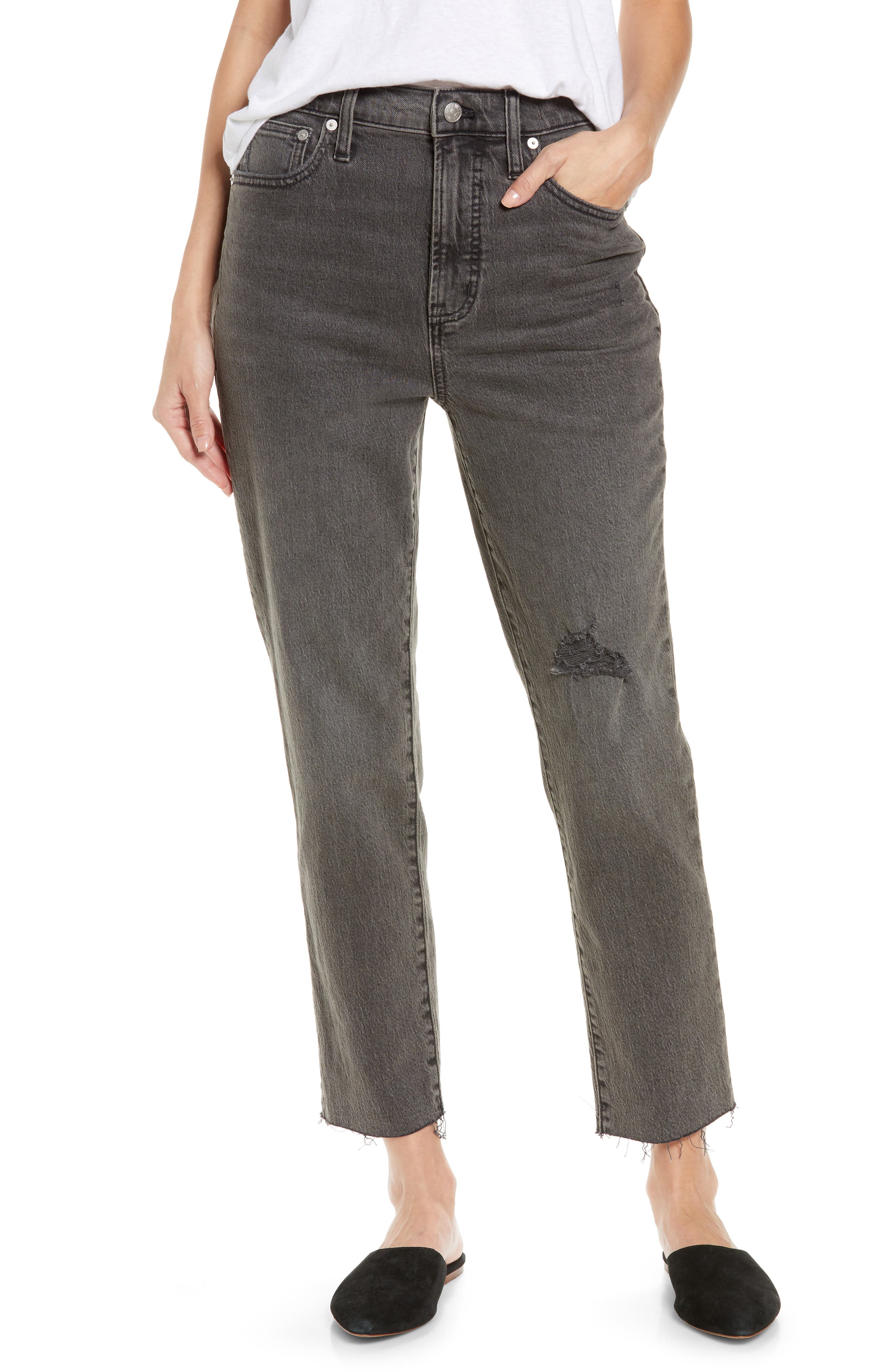 dark gray distressed jeans