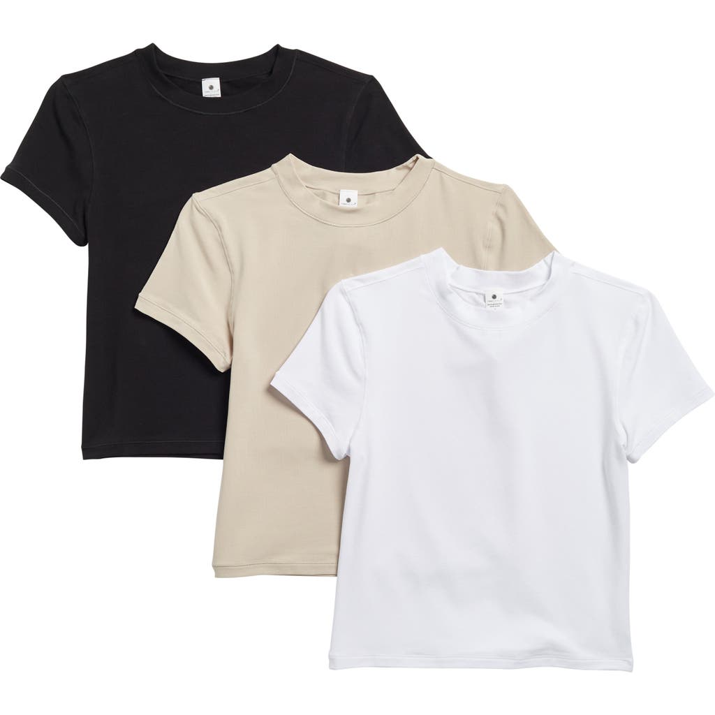 Shop Yogalicious 3-pack Airlite Melissa Mock Neck Crop T-shirts In Black/nacreous Cloud/white