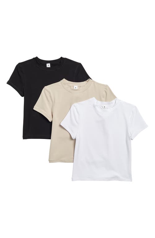Shop Yogalicious 3-pack Airlite Melissa Mock Neck Crop T-shirts In Black/nacreous Cloud/white