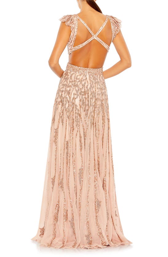 Shop Mac Duggal Sequin Flutter Sleeve Gown In Apricot