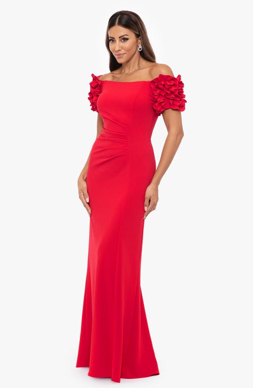 Xscape Evenings Ruffle Off The Shoulder Scuba Crepe Gown In Red