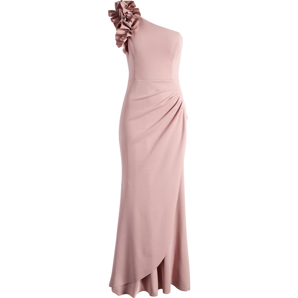 Xscape Evenings Ruffle One-shoulder Scuba Crepe Gown In Pink