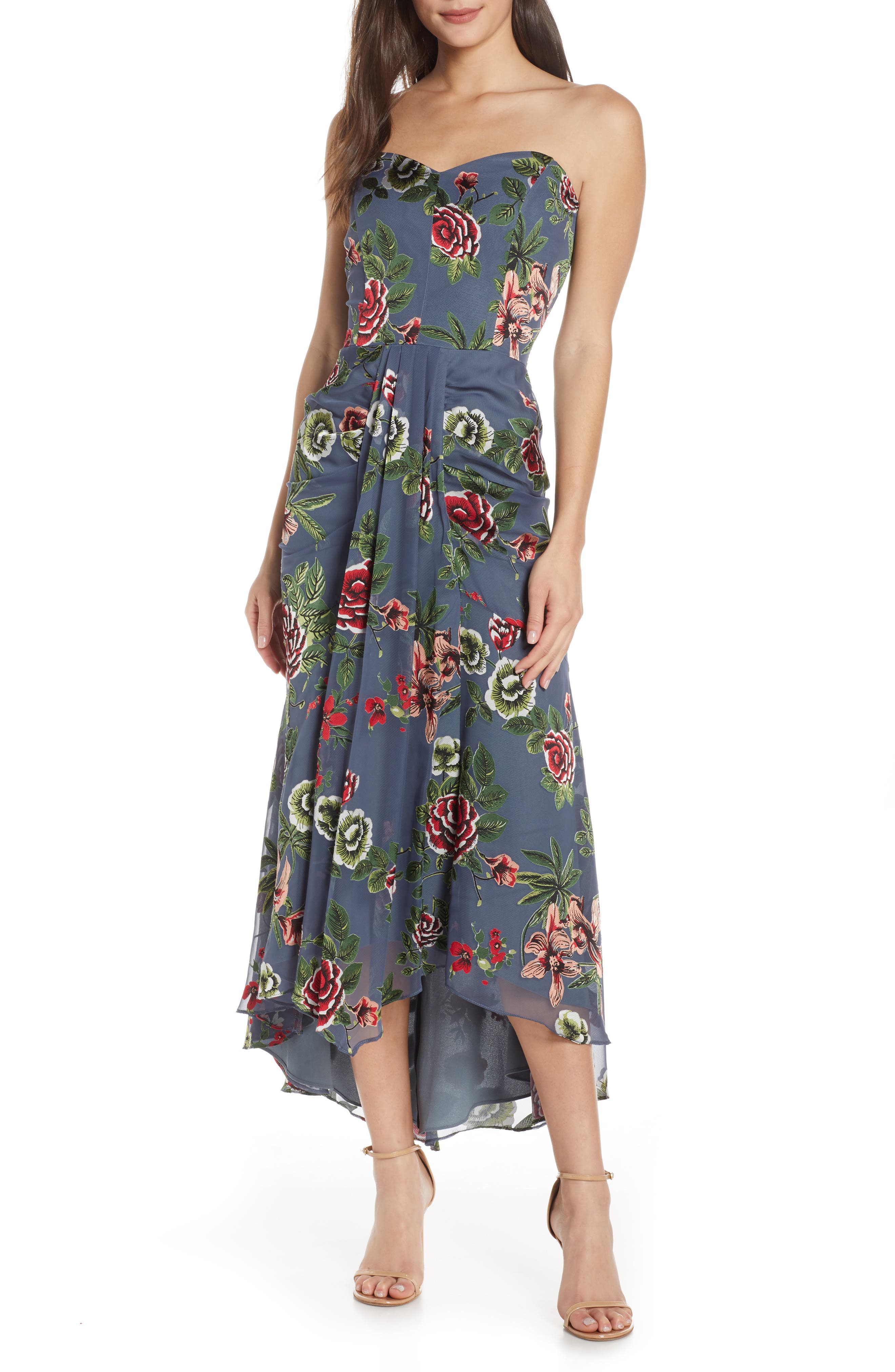 Harlyn Strapless Satin Burnout Dress, Grey