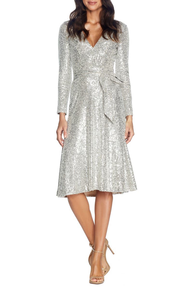 DRESS THE POPULATION Daphne Long Sleeve Sequin Cocktail Dress, Main, color, SILVER