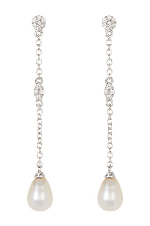 White Rhodium Plated Swarovski Crystal Accented & 7mm Freshwater Pearl Drop Earrings