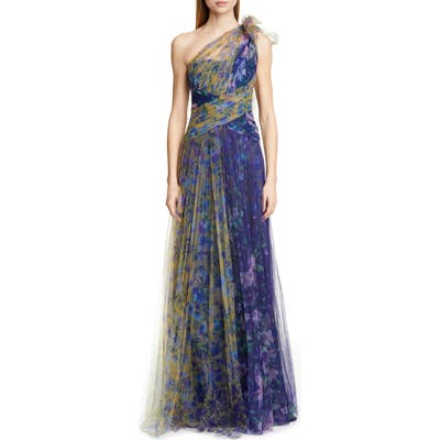 Marchesa Notte One-Shoulder Floral Tulle Gown, Blue