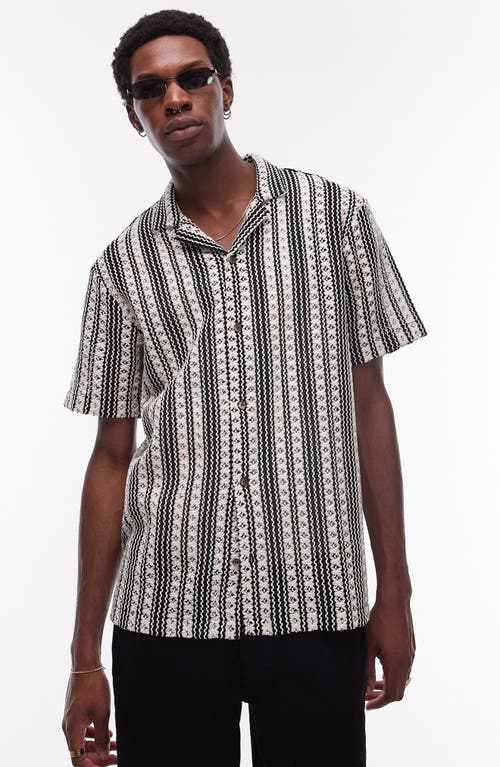 Topman Relaxed Fit Crochet Stripe Camp Shirt Black at Nordstrom,