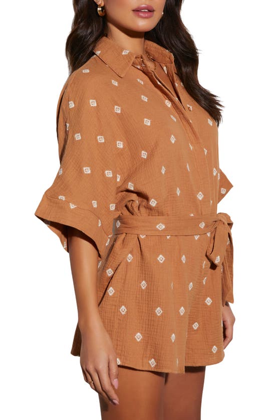 Vici Collection Fallon Tie Belt Seersucker Romper In Camel