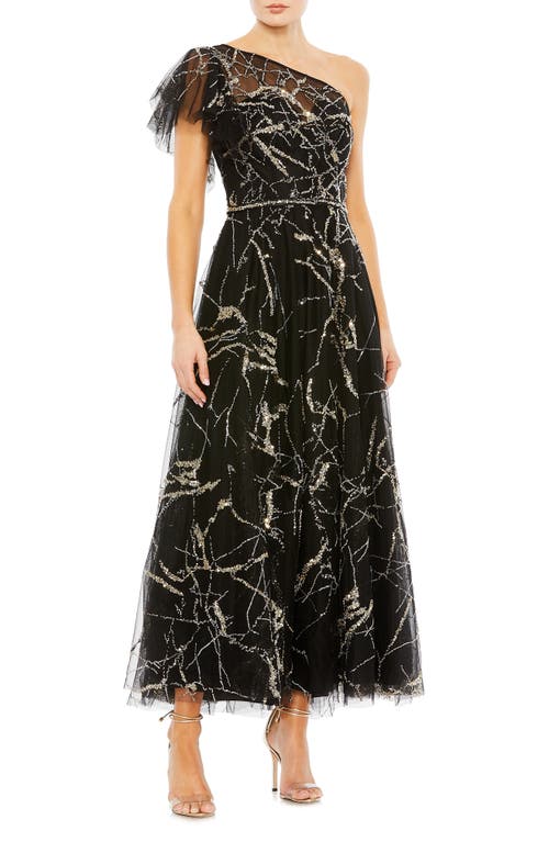 Mac Duggal Sequin Tulle One-Shoulder Cocktail Dress in Black at Nordstrom, Size 16