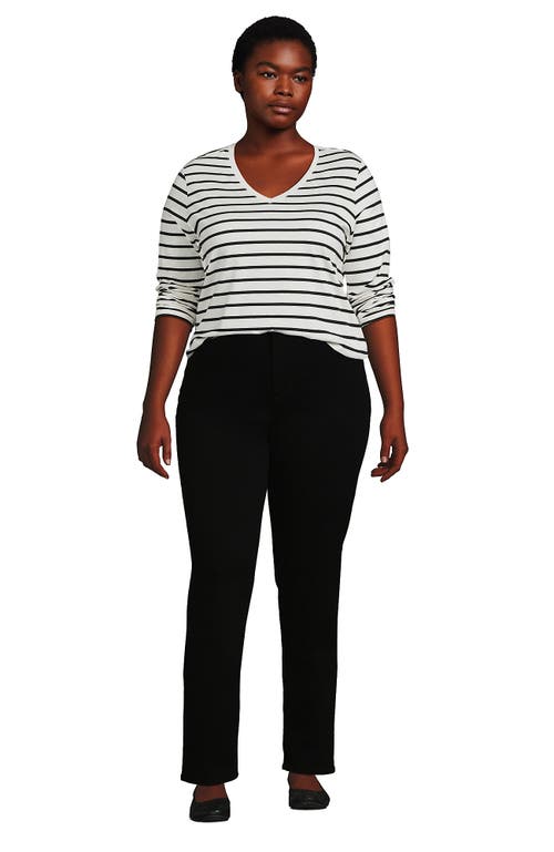 Shop Lands' End Plus Size Relaxed Supima Cotton Long Sleeve V-neck T-shirt In Ivory/black Breton Stripe