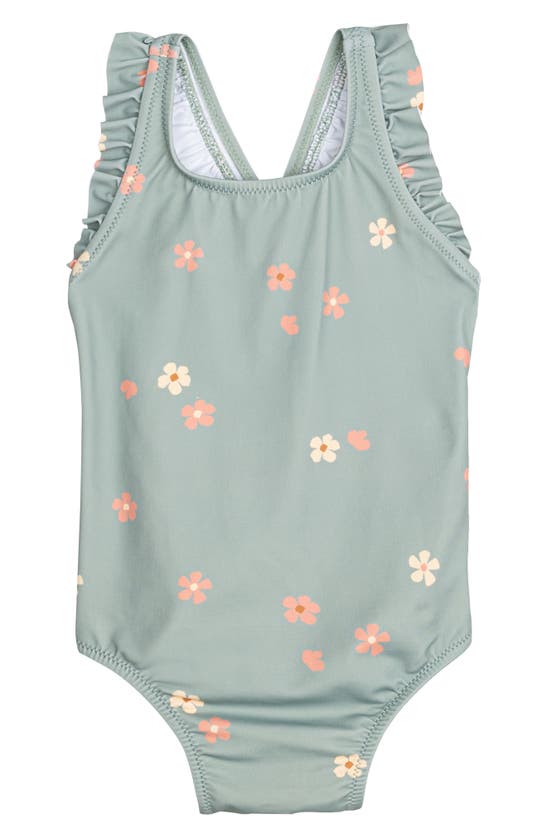 Miles The Label Babies' Flowers On Sage Ruffle One-piece Swimsuit In Dusty Green