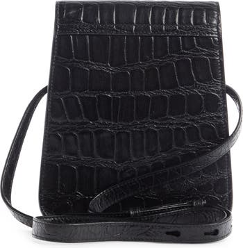Saint Laurent Kaia Croc Embossed Leather Crossbody Bag in Black
