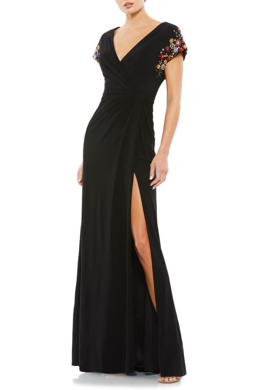 Mac Duggal Beaded Sleeve Faux Wrap Gown Black Multi at Nordstrom,