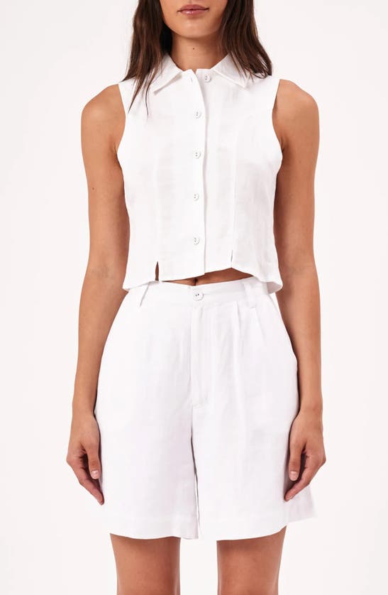 Shop Rolla's Nina Crop Sleeveless Linen Blend Button-up Shirt In White