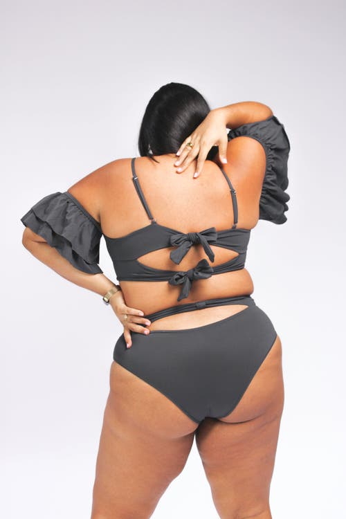 Shop Mary Mercedes Ty Cutout Bikini Top With Ruffle Sleeves In Charcoal Grey