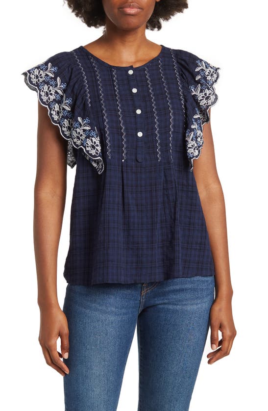 Maxstudio Embroidered Flutter Sleeve Blouse In Navy Floral Line Emb