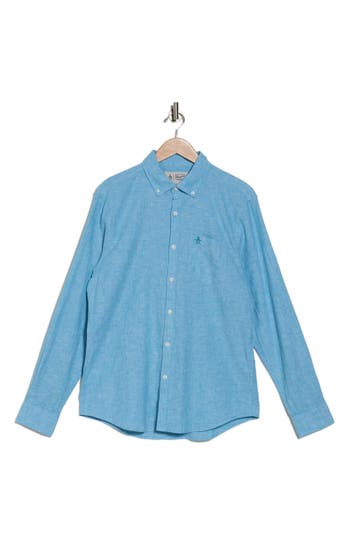 Shop Original Penguin Linen Blend Woven Solid Button-down Shirt In Blue Moon